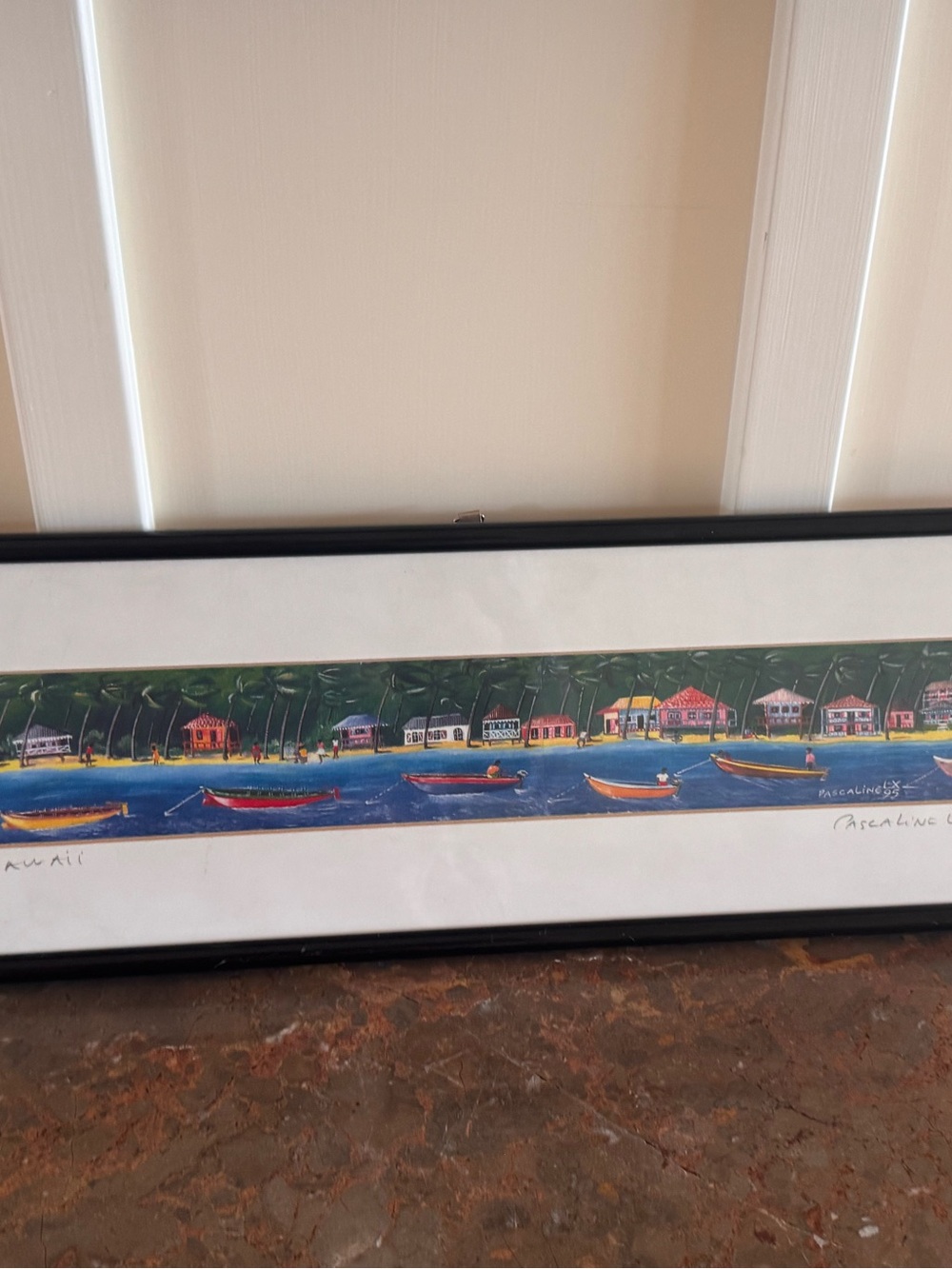 Pascaline LX Laloux Signed Hawaii Art Print Framed 1995 Tropical Folk Panoramic